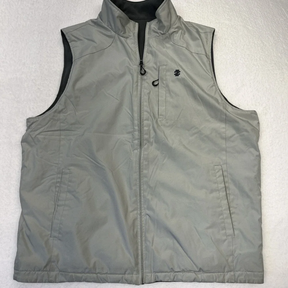 Mens IZOD Sleeveless Full‎ Zip Fleece Lined Vest Jacket Beige/Gray Sz Large